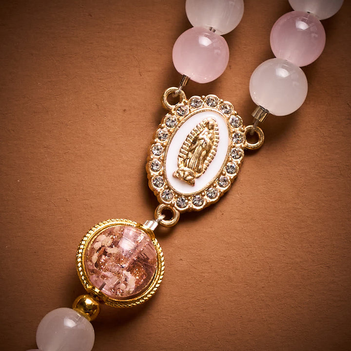 SolaceBeads Artistic Pink &amp; White Beaded Rosary: A Fusion of Colors &amp; Sacred Symbols