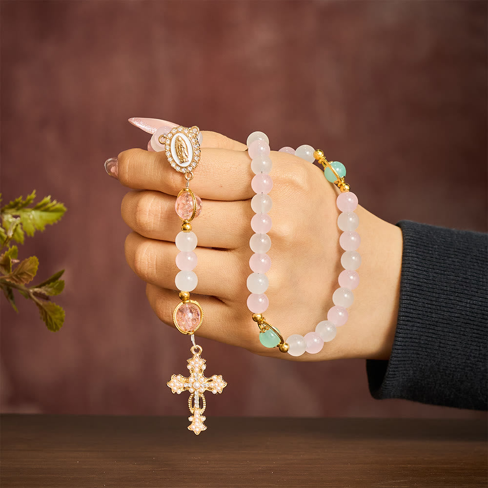 SolaceBeads Artistic Pink &amp; White Beaded Rosary: A Fusion of Colors &amp; Sacred Symbols