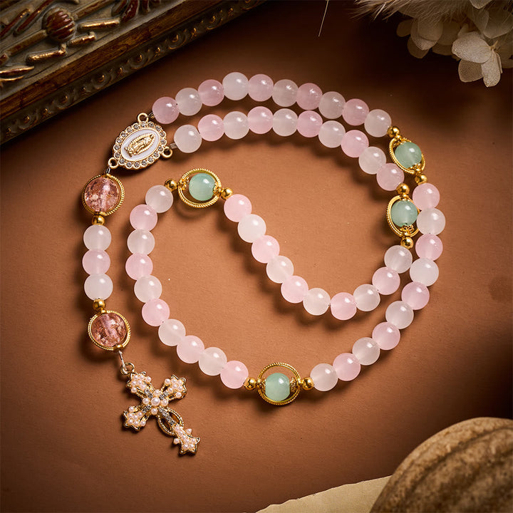 SolaceBeads Artistic Pink &amp; White Beaded Rosary: A Fusion of Colors &amp; Sacred Symbols