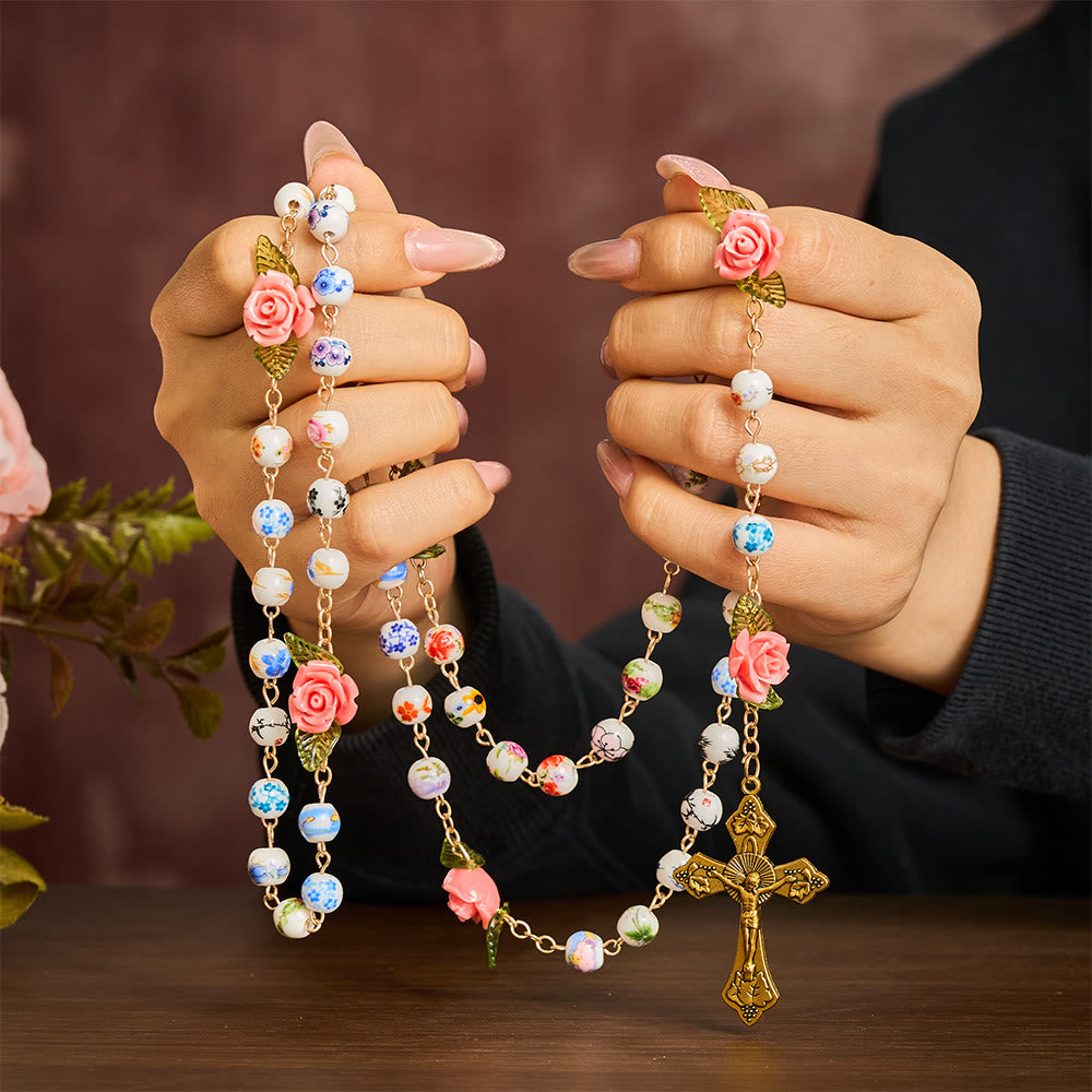 SolaceBeads Vintage Mixed Floral Ceramic Rosary With Guadalupe & Crucifix: Timeless Garden