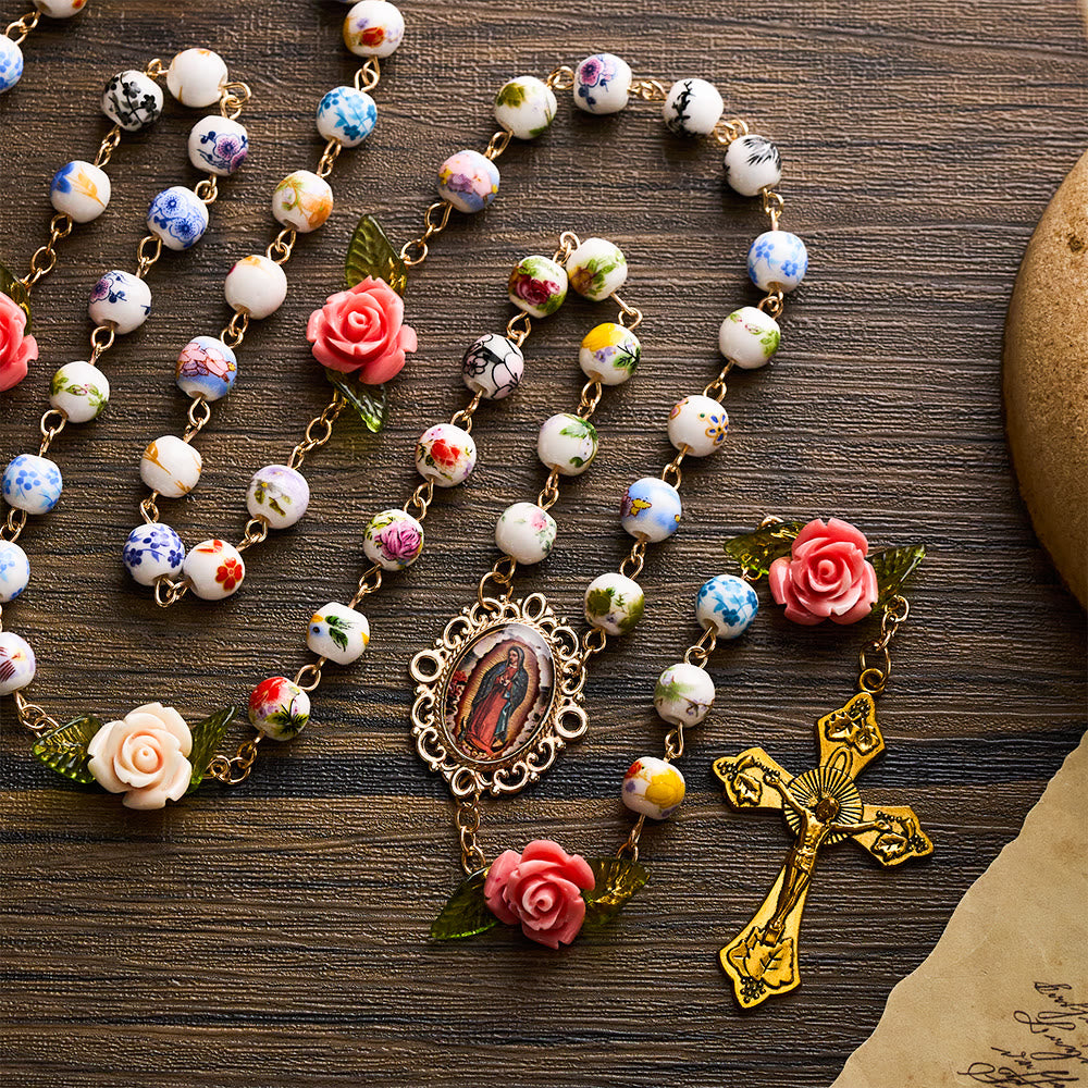 SolaceBeads Vintage Mixed Floral Ceramic Rosary With Guadalupe & Crucifix: Timeless Garden