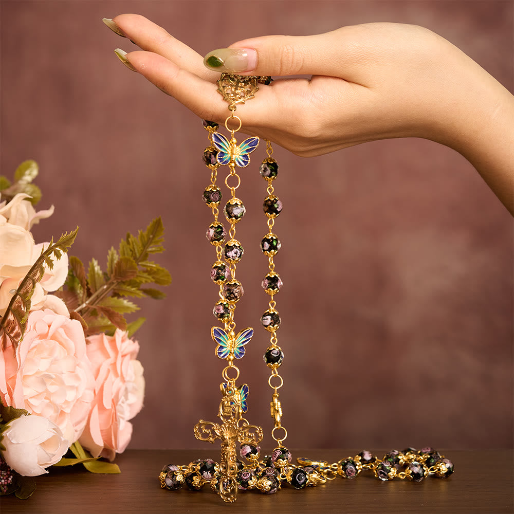 SolaceBeads Black Lampwork Floral Beads Rosary--The Radiant Grace Rosary: Hand-Blown Solace