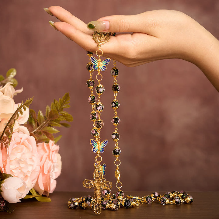 SolaceBeads Black Lampwork Floral Beads Rosary--The Radiant Grace Rosary: Hand-Blown Solace