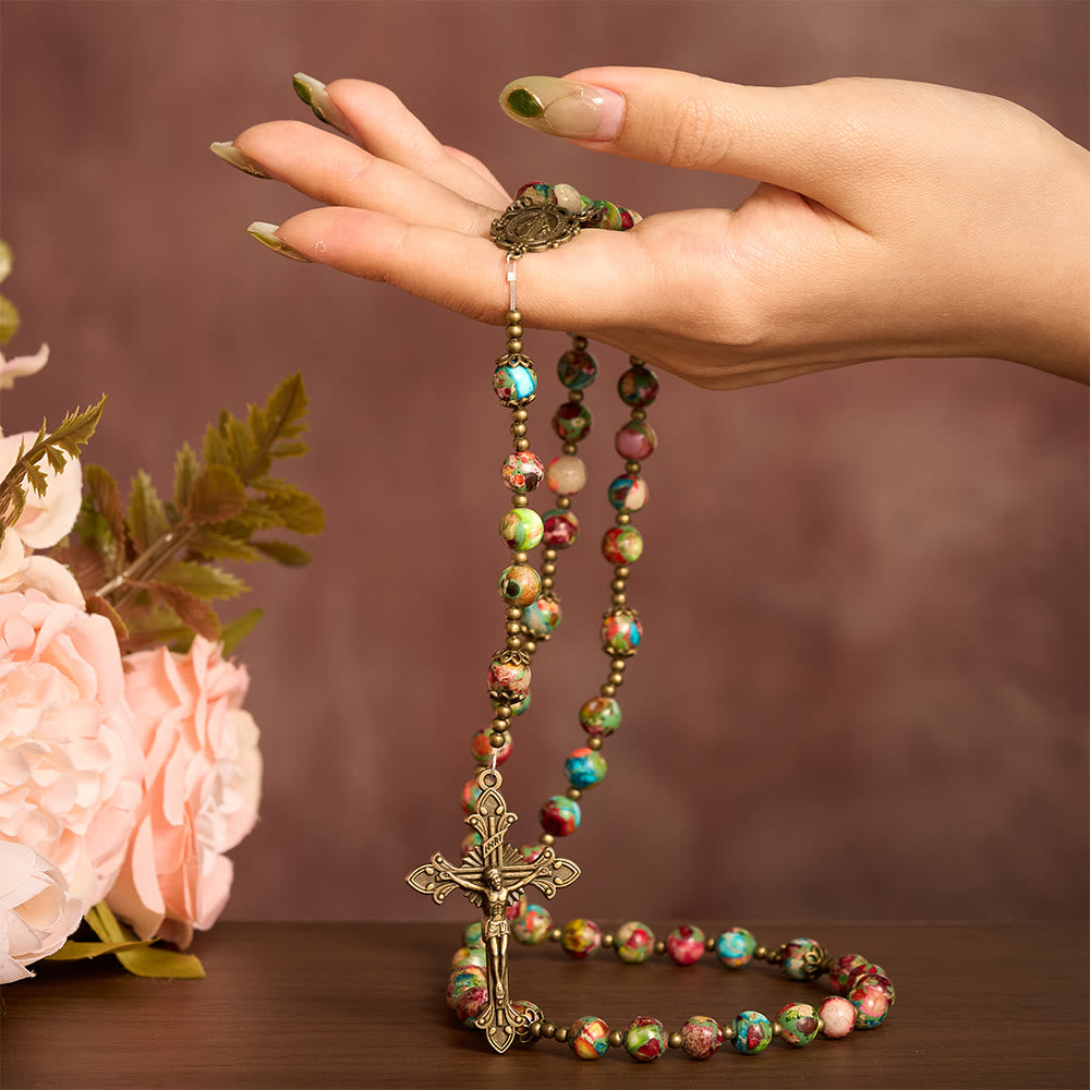 SolaceBeads Multicolored Imperial Jasper Rosary: A Tapestry of Earth and Spirit