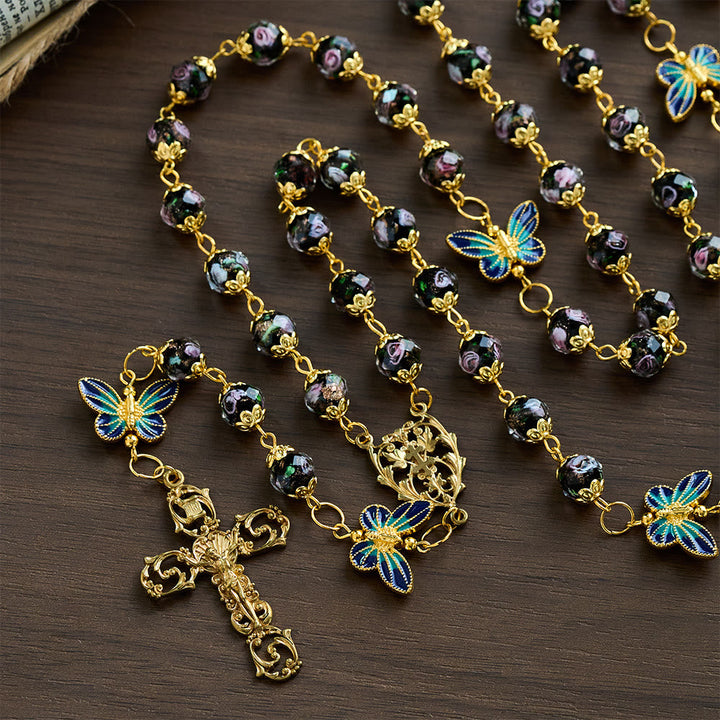 SolaceBeads Black Lampwork Floral Beads Rosary--The Radiant Grace Rosary: Hand-Blown Solace