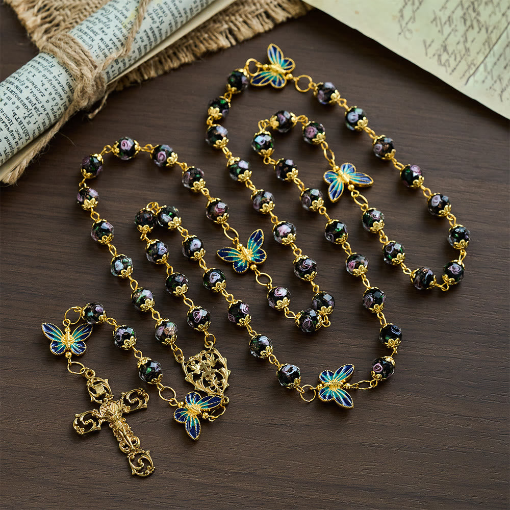 SolaceBeads Black Lampwork Floral Beads Rosary--The Radiant Grace Rosary: Hand-Blown Solace