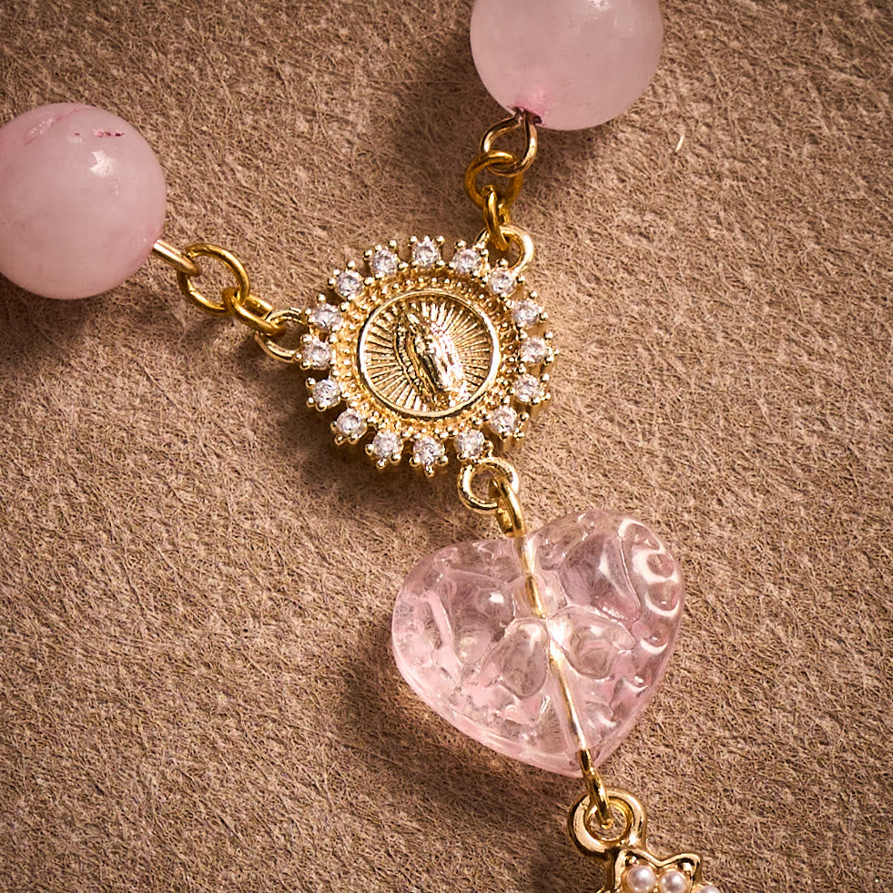 SolaceBeads Artisan Rose Quartz Pocket Rosary: Soft Pink Beads with Sacred Cross &amp; Marian Accents