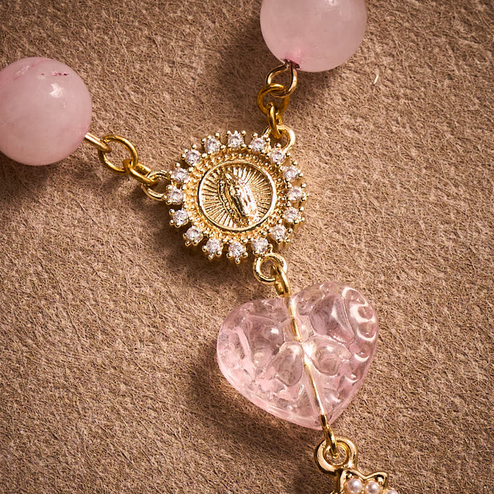 SolaceBeads Artisan Rose Quartz Pocket Rosary: Soft Pink Beads with Sacred Cross &amp; Marian Accents