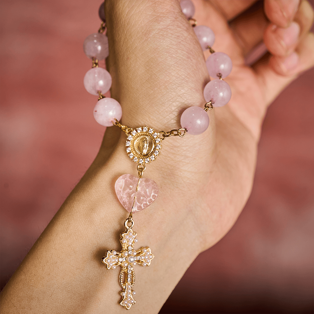 SolaceBeads Artisan Rose Quartz Pocket Rosary: Soft Pink Beads with Sacred Cross &amp; Marian Accents