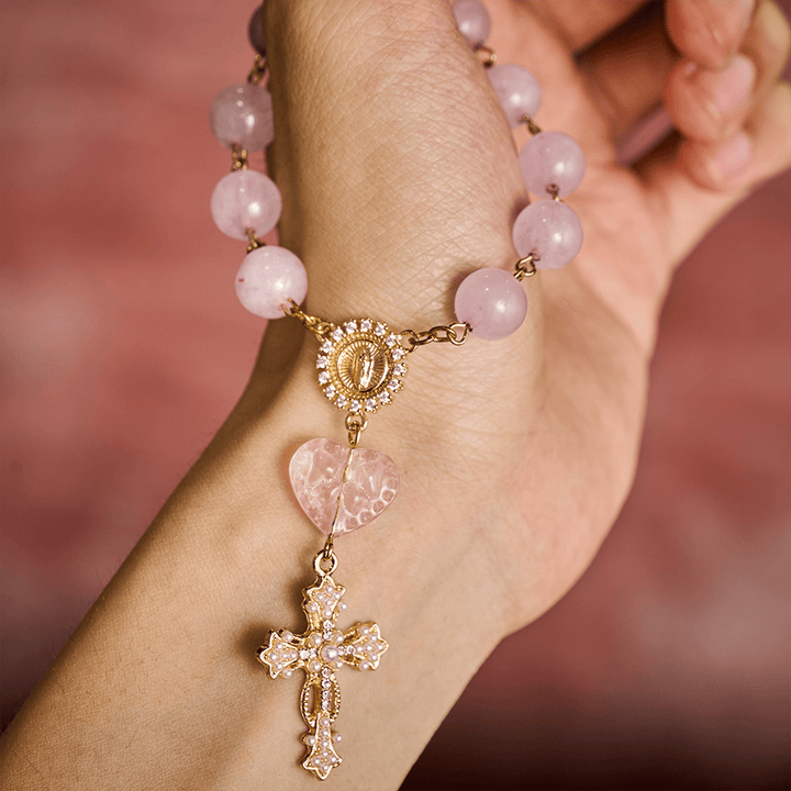 SolaceBeads Artisan Rose Quartz Pocket Rosary: Soft Pink Beads with Sacred Cross &amp; Marian Accents