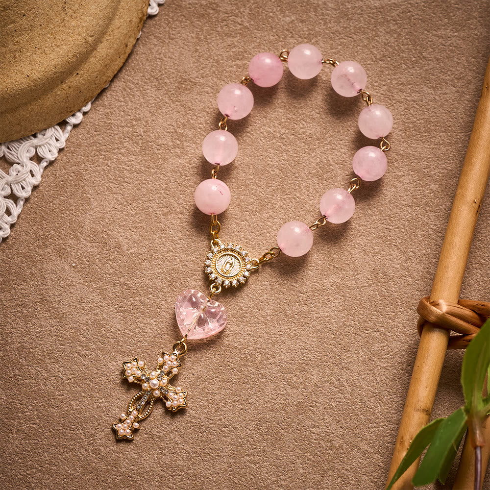 SolaceBeads Artisan Rose Quartz Pocket Rosary: Soft Pink Beads with Sacred Cross &amp; Marian Accents