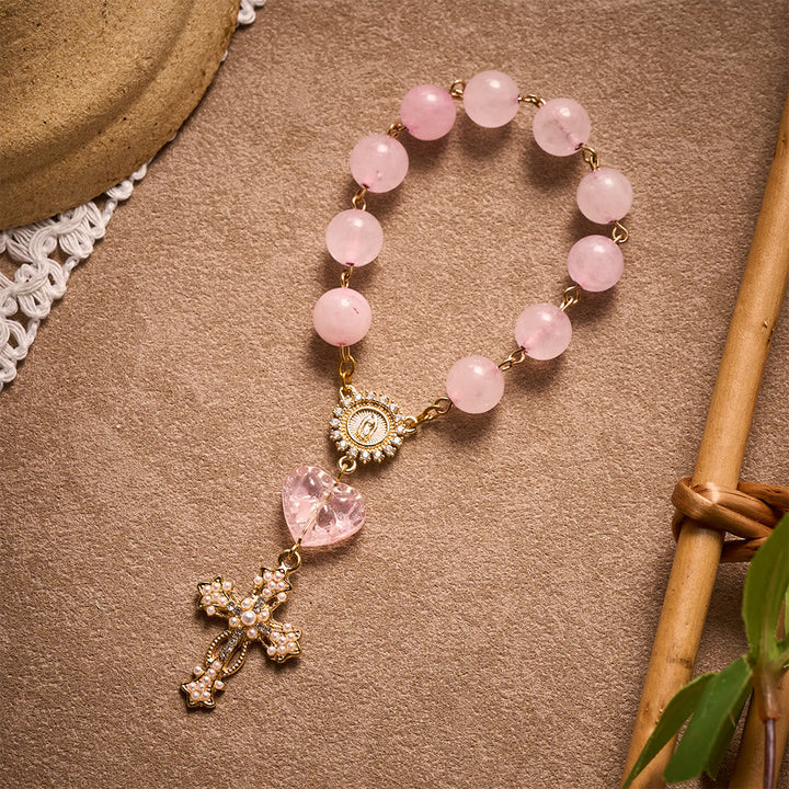 SolaceBeads Artisan Rose Quartz Pocket Rosary: Soft Pink Beads with Sacred Cross &amp; Marian Accents