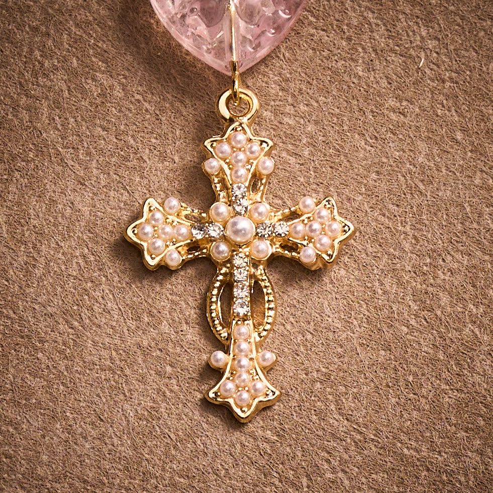 SolaceBeads Artisan Rose Quartz Pocket Rosary: Soft Pink Beads with Sacred Cross &amp; Marian Accents