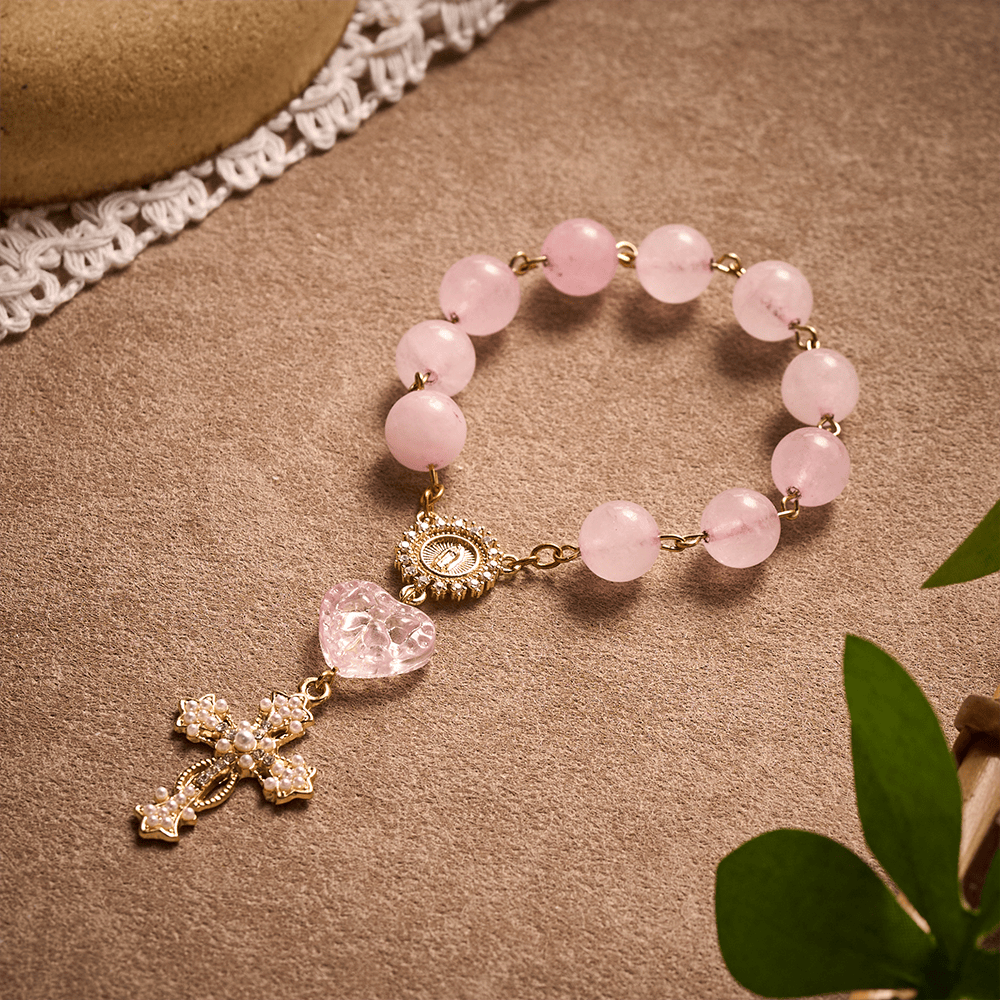 SolaceBeads Artisan Rose Quartz Pocket Rosary: Soft Pink Beads with Sacred Cross & Marian Accents