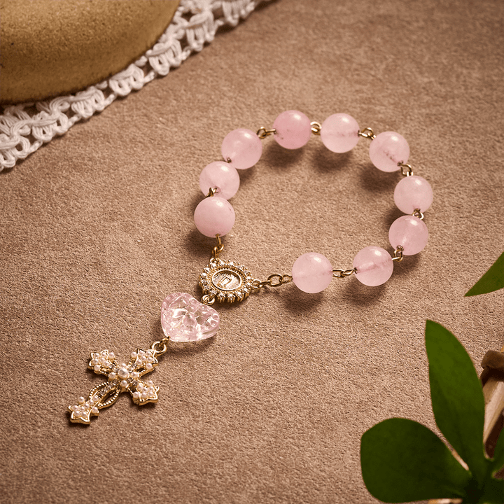 SolaceBeads Artisan Rose Quartz Pocket Rosary: Soft Pink Beads with Sacred Cross &amp; Marian Accents