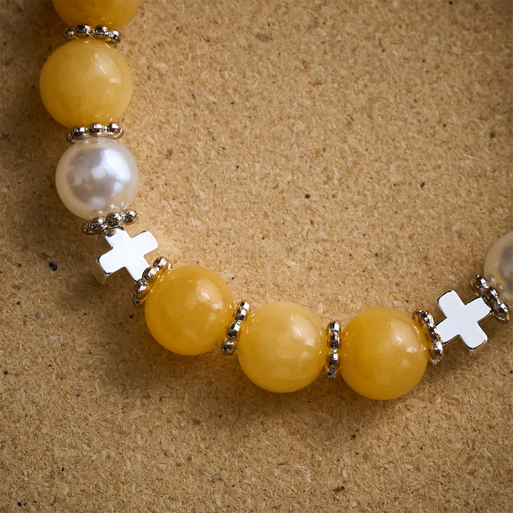 SolaceBeads Yellow Chalcedony Rosary Bracelet with St. Benedict Medal &amp; Cross Accents