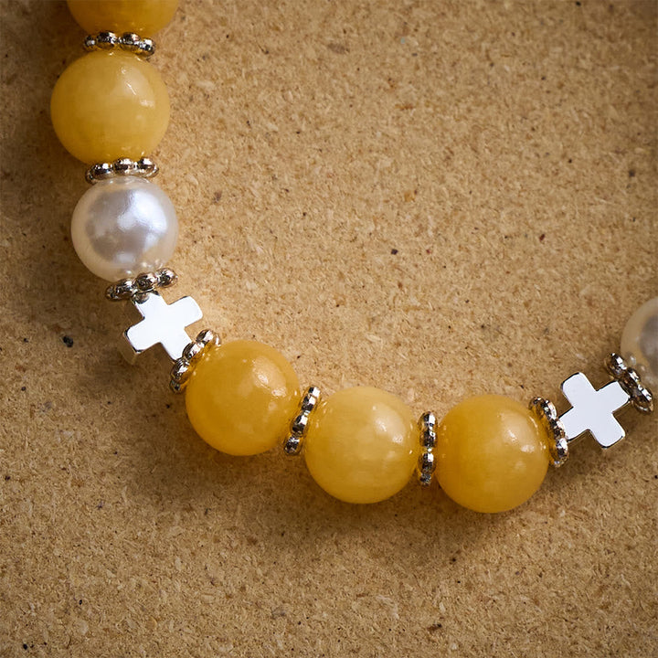 SolaceBeads Yellow Chalcedony Rosary Bracelet with St. Benedict Medal &amp; Cross Accents