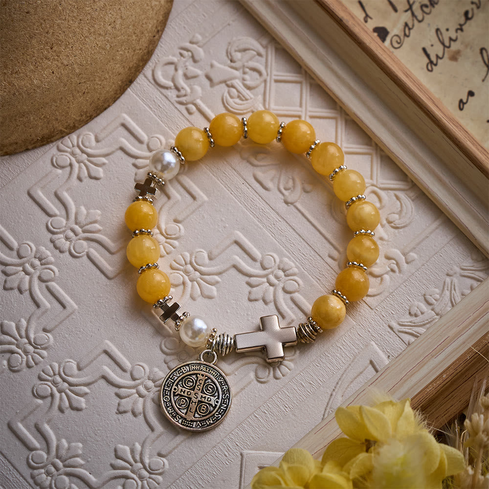 SolaceBeads Yellow Chalcedony Rosary Bracelet with St. Benedict Medal &amp; Cross Accents