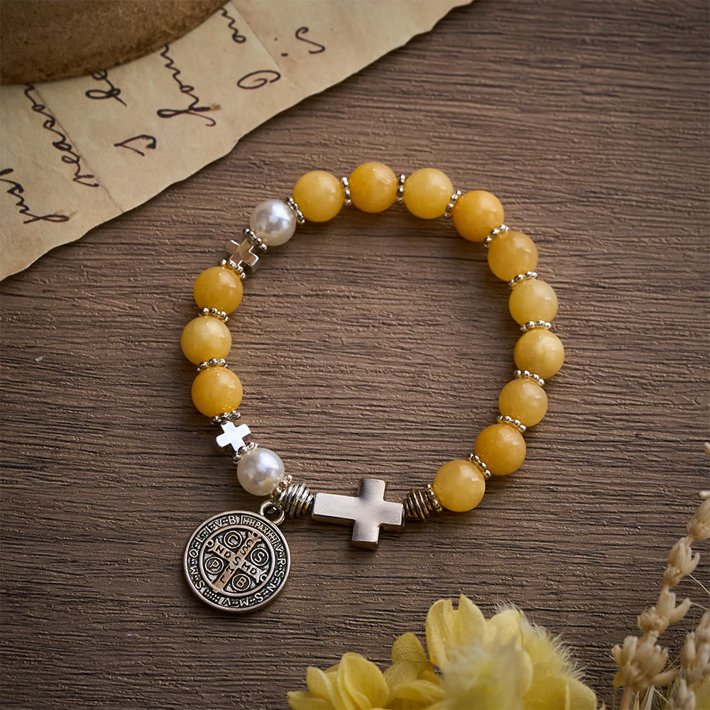 SolaceBeads Yellow Chalcedony Rosary Bracelet with St. Benedict Medal & Cross Accents