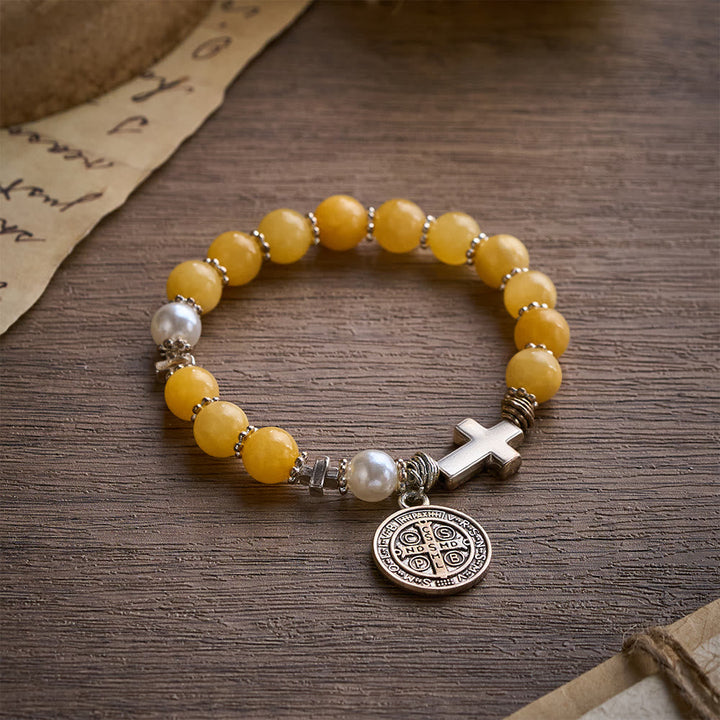 SolaceBeads Yellow Chalcedony Rosary Bracelet with St. Benedict Medal &amp; Cross Accents