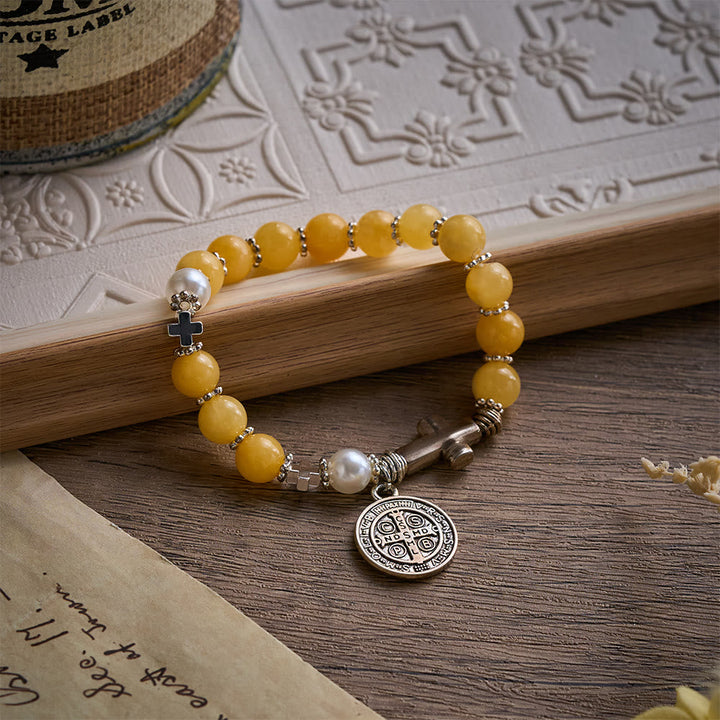 SolaceBeads Yellow Chalcedony Rosary Bracelet with St. Benedict Medal &amp; Cross Accents