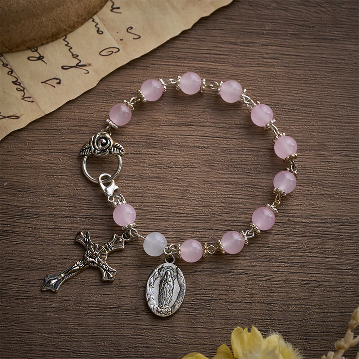 SolaceBeads Pink Stone Rosary Bracelet with Marian Medal, Cross &amp; Rose Details