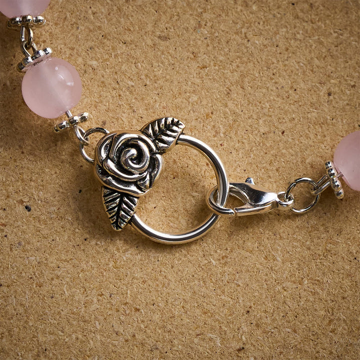 SolaceBeads Pink Stone Rosary Bracelet with Marian Medal, Cross &amp; Rose Details