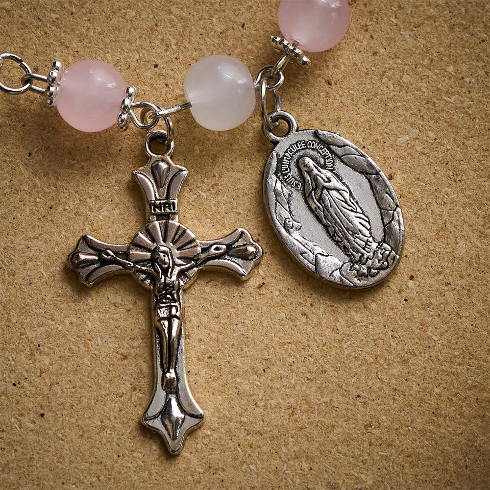 SolaceBeads Pink Stone Rosary Bracelet with Marian Medal, Cross &amp; Rose Details