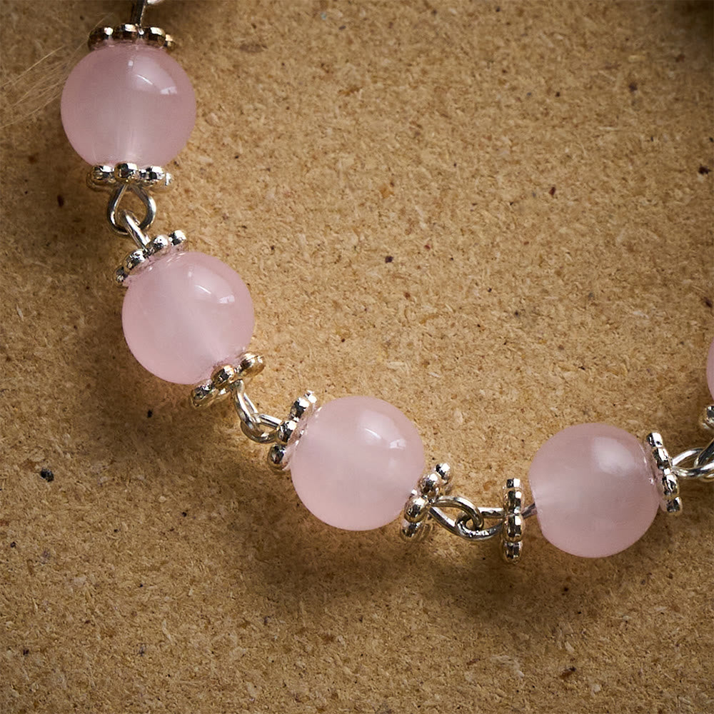 SolaceBeads Pink Stone Rosary Bracelet with Marian Medal, Cross &amp; Rose Details