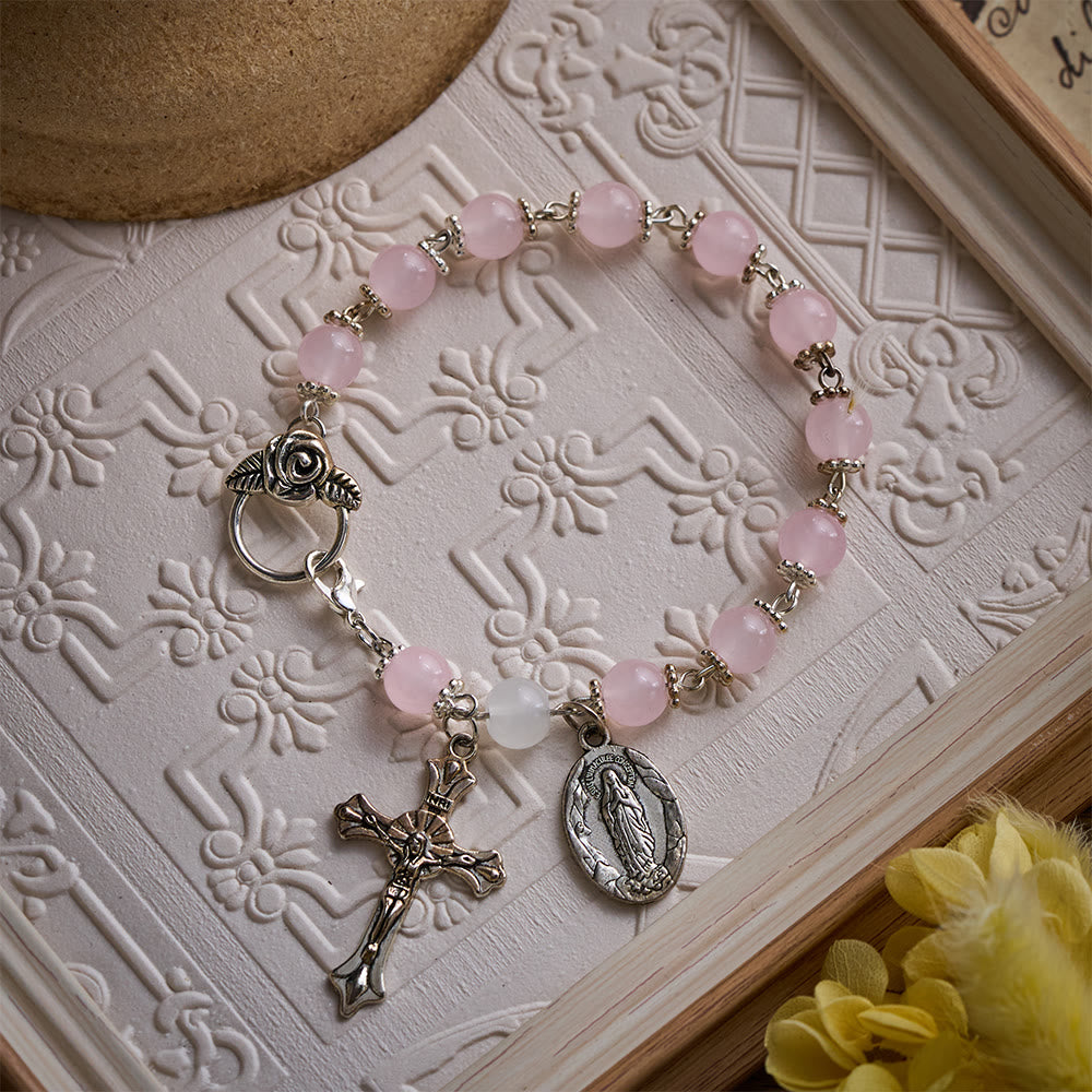 SolaceBeads Pink Stone Rosary Bracelet with Marian Medal, Cross &amp; Rose Details