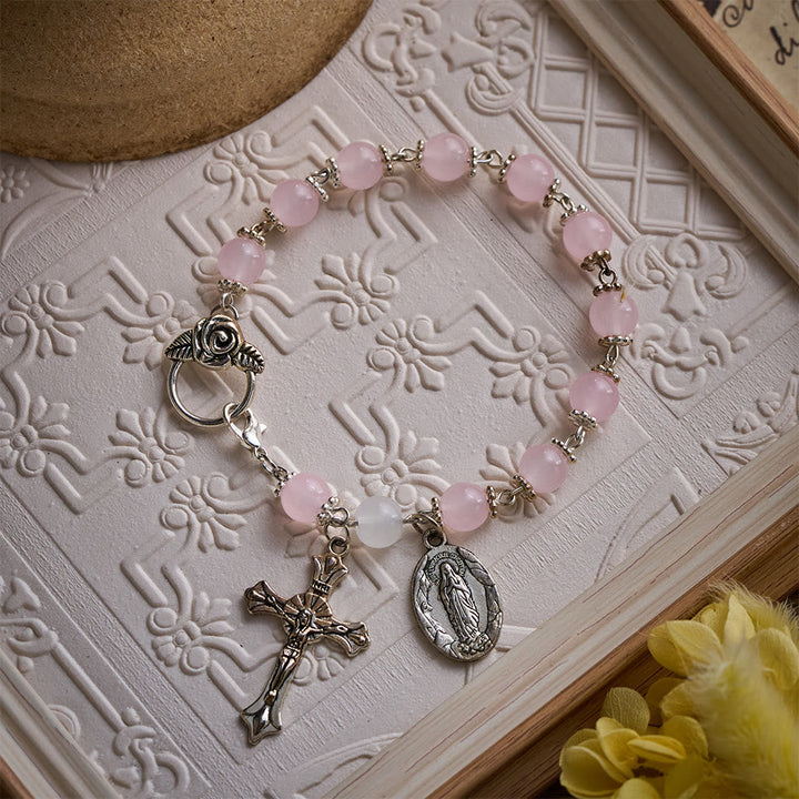 SolaceBeads Pink Stone Rosary Bracelet with Marian Medal, Cross &amp; Rose Details