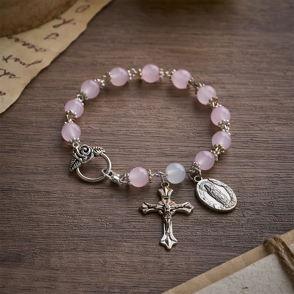 SolaceBeads Pink Stone Rosary Bracelet with Marian Medal, Cross & Rose Details