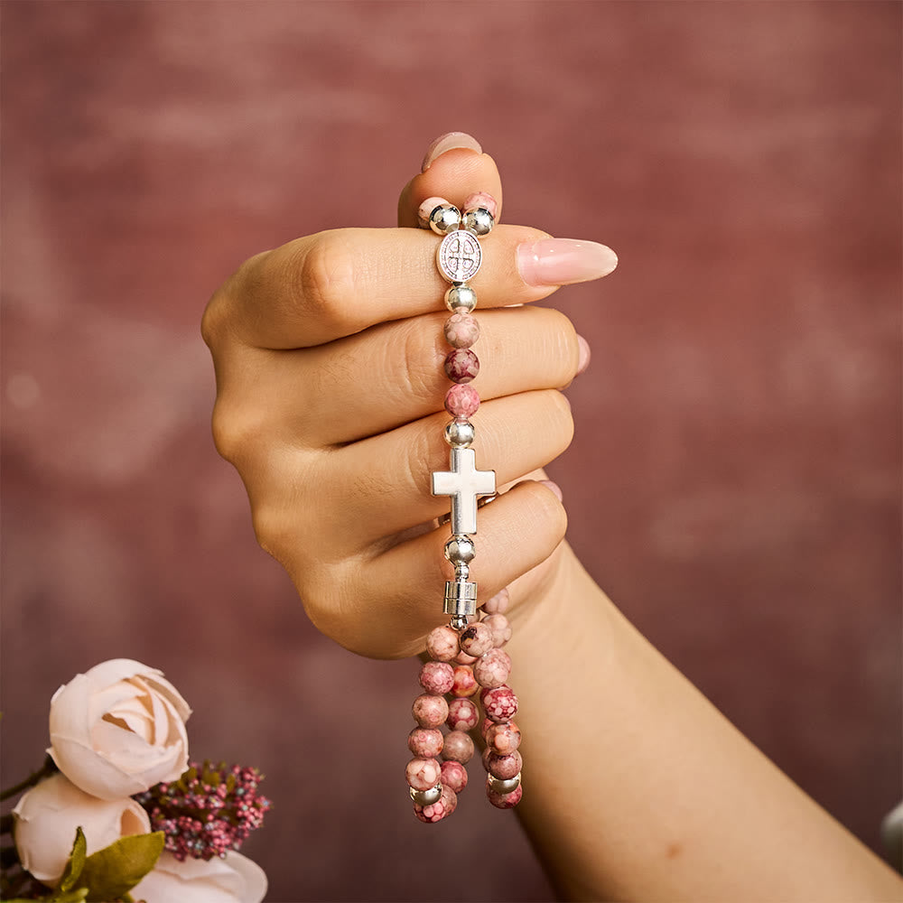 SolaceBeads Maifan Stone Rosary Bracelet: Earthly Devotion with St. Benedict Medal & Cross