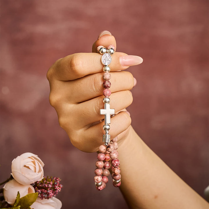 SolaceBeads Maifan Stone Rosary Bracelet: Earthly Devotion with St. Benedict Medal &amp; Cross
