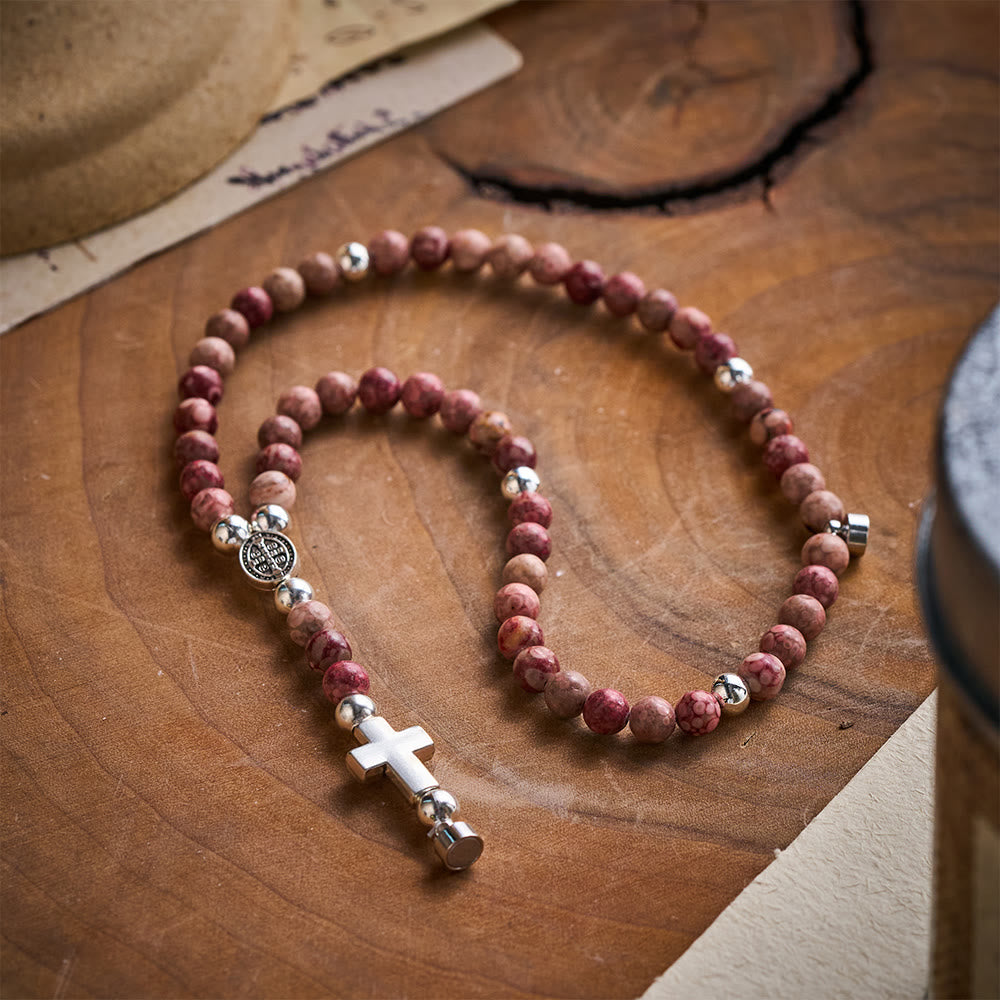 SolaceBeads Maifan Stone Rosary Bracelet: Earthly Devotion with St. Benedict Medal &amp; Cross