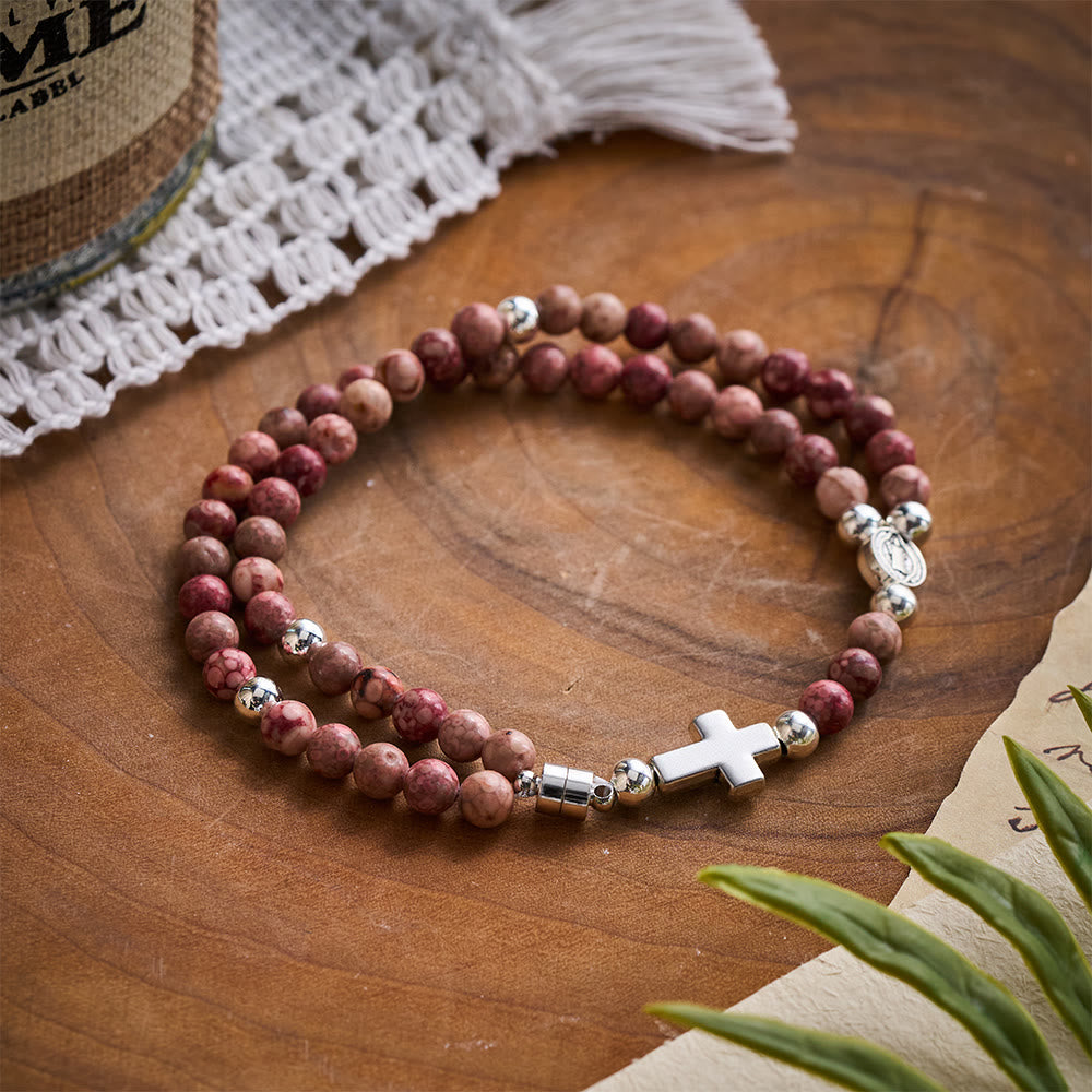 SolaceBeads Maifan Stone Rosary Bracelet: Earthly Devotion with St. Benedict Medal & Cross