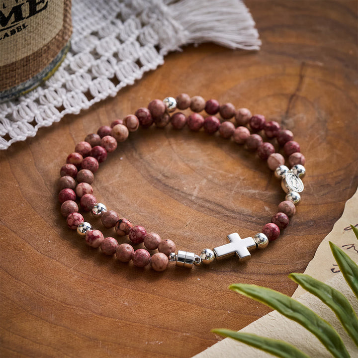 SolaceBeads Maifan Stone Rosary Bracelet: Earthly Devotion with St. Benedict Medal &amp; Cross