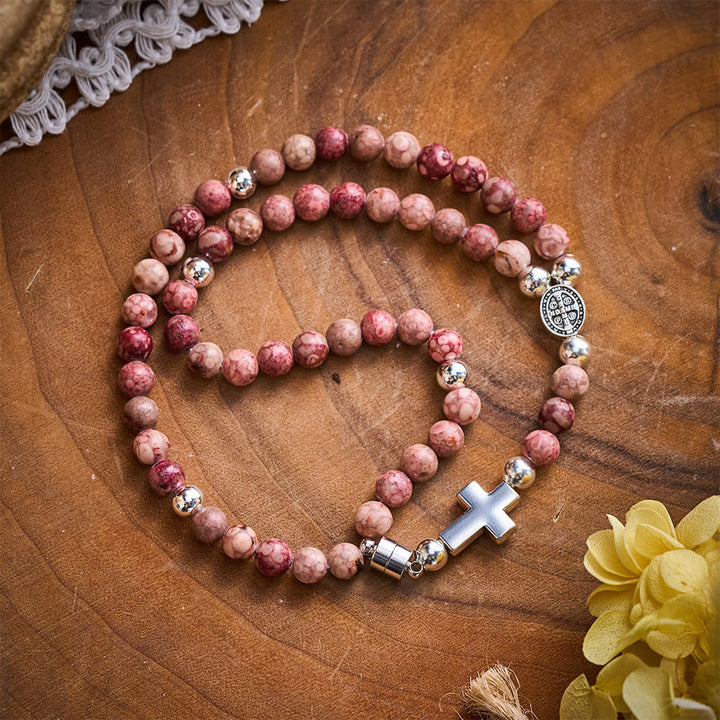 SolaceBeads Maifan Stone Rosary Bracelet: Earthly Devotion with St. Benedict Medal &amp; Cross