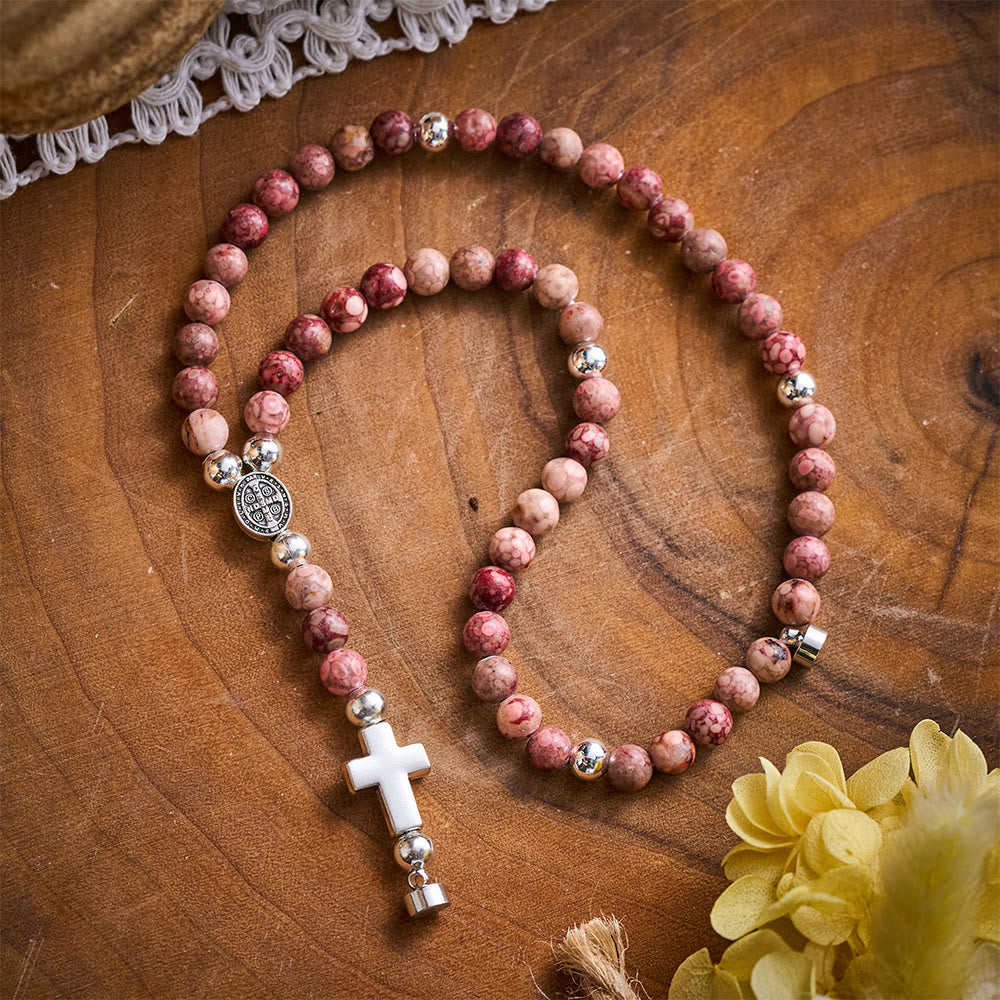 SolaceBeads Maifan Stone Rosary Bracelet: Earthly Devotion with St. Benedict Medal &amp; Cross
