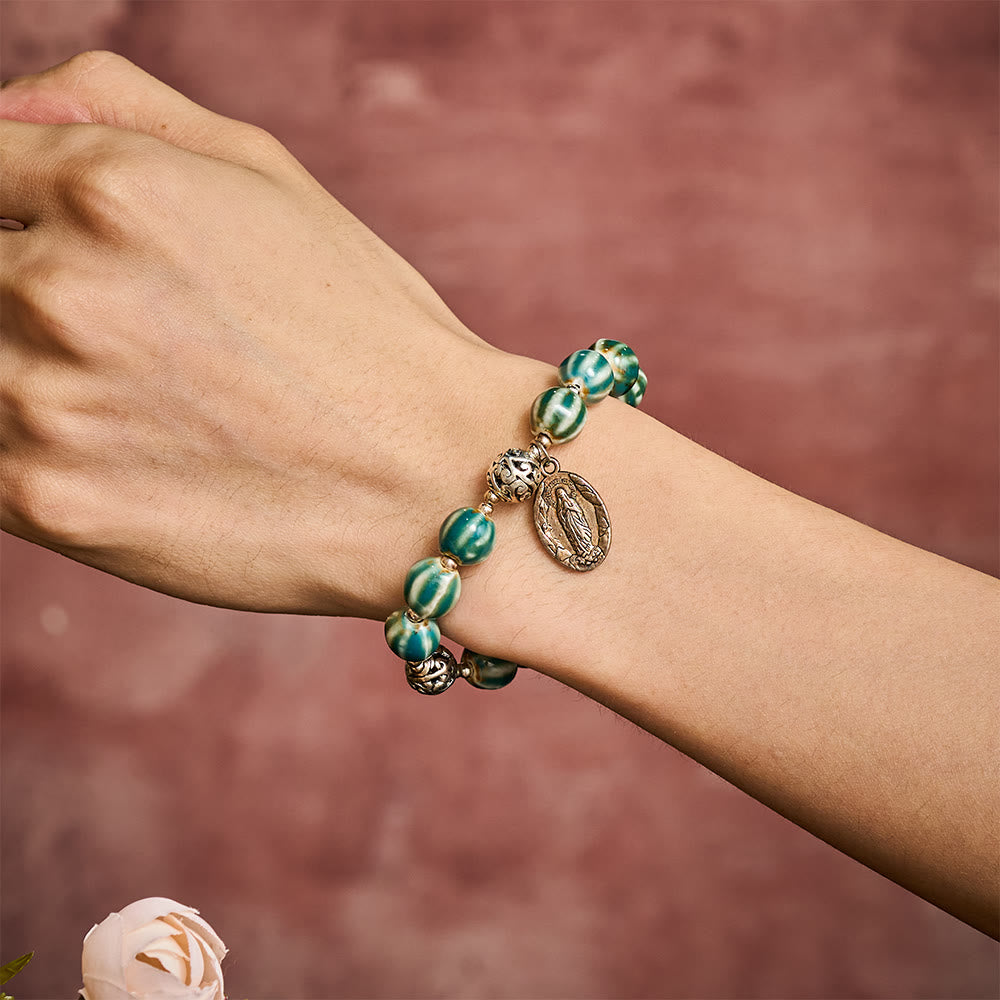 Solacebeads Green Stripe Ceramic Bracelet With Miraculous Medal: Graceful Faith In Summer