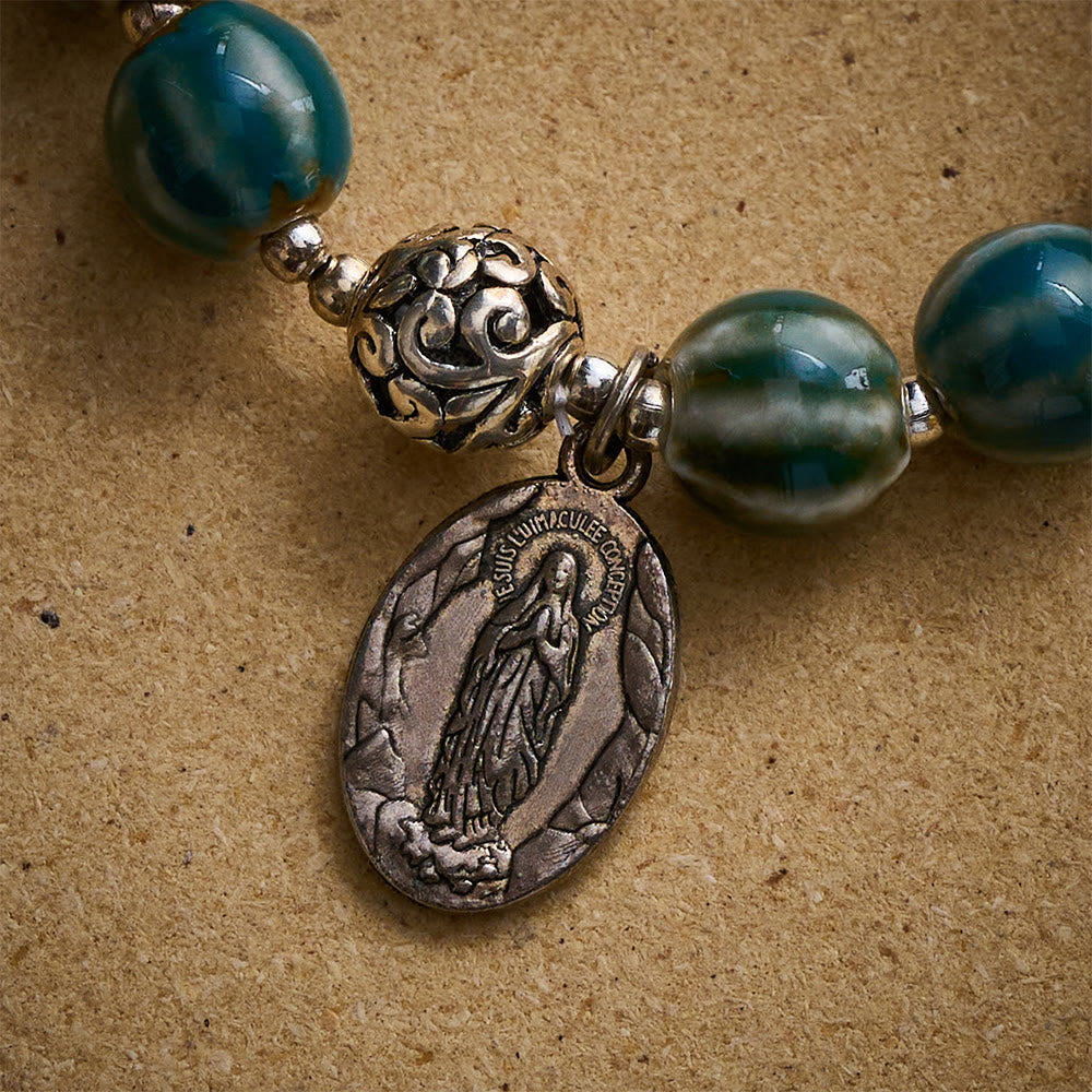 Solacebeads Green Stripe Ceramic Bracelet With Miraculous Medal: Graceful Faith In Summer