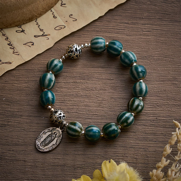 Solacebeads Green Stripe Ceramic Bracelet With Miraculous Medal: Graceful Faith In Summer