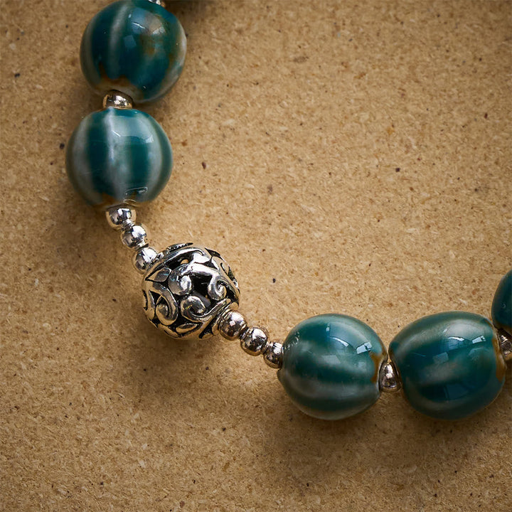 Solacebeads Green Stripe Ceramic Bracelet With Miraculous Medal: Graceful Faith In Summer