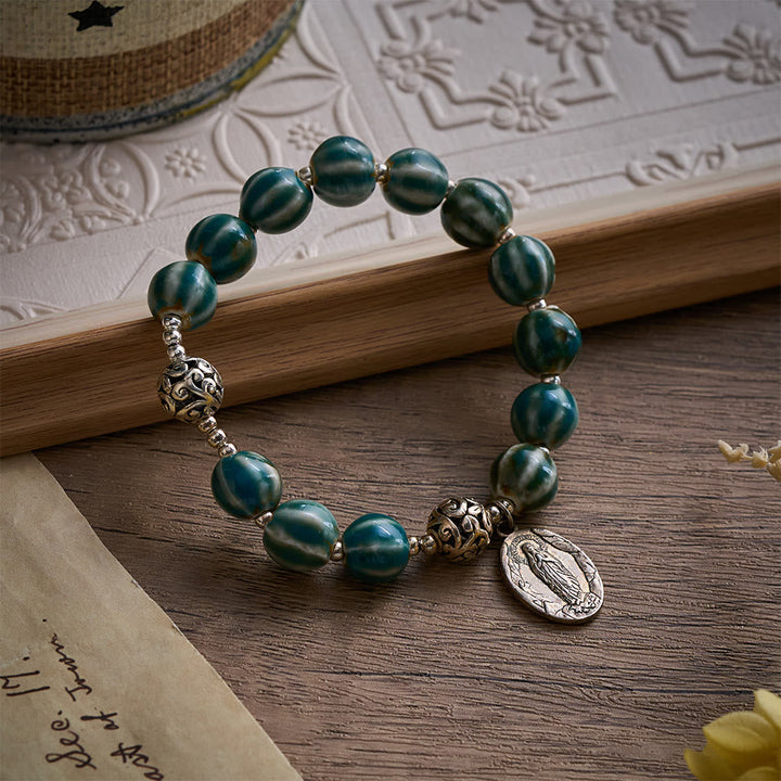 Solacebeads Green Stripe Ceramic Bracelet With Miraculous Medal: Graceful Faith In Summer