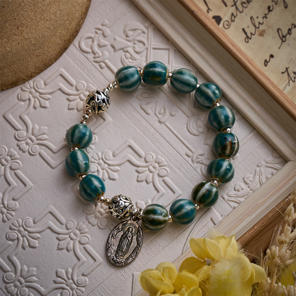 Solacebeads Green Stripe Ceramic Bracelet With Miraculous Medal: Graceful Faith In Summer