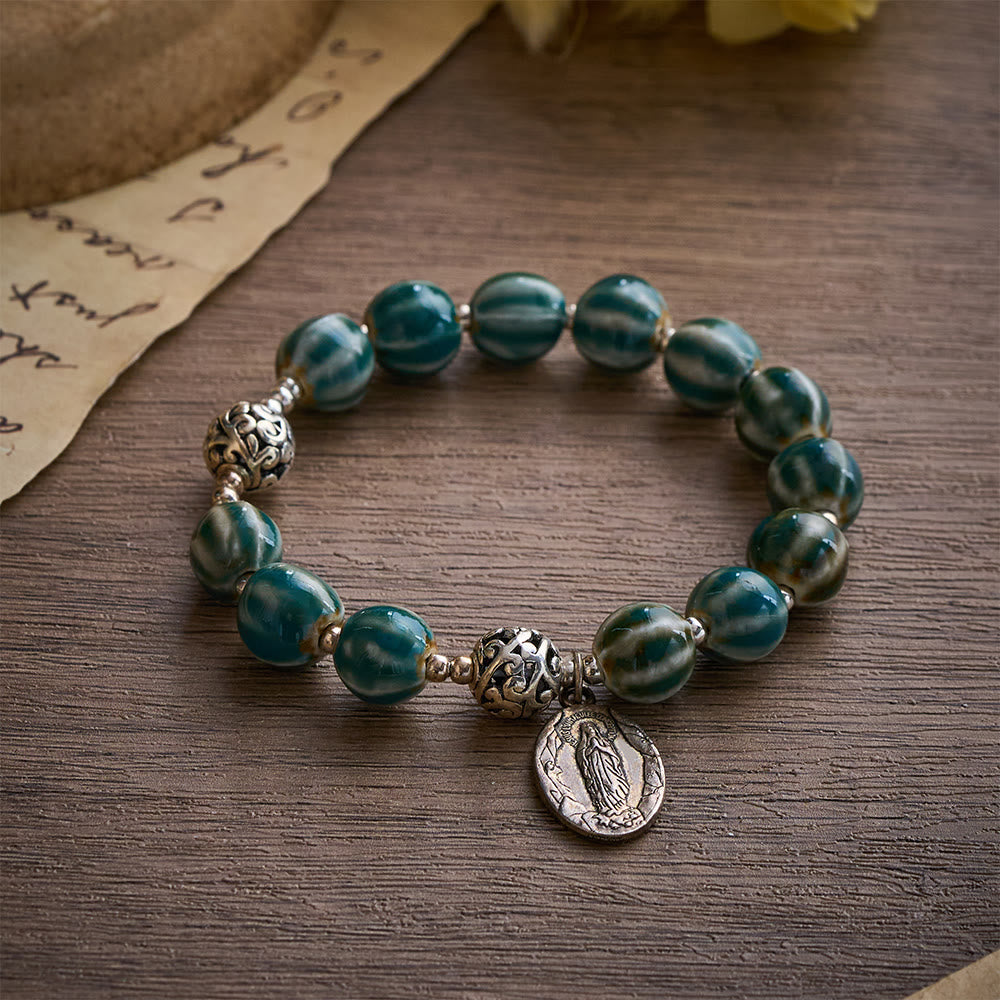 Solacebeads Green Stripe Ceramic Bracelet With Miraculous Medal: Graceful Faith In Summer