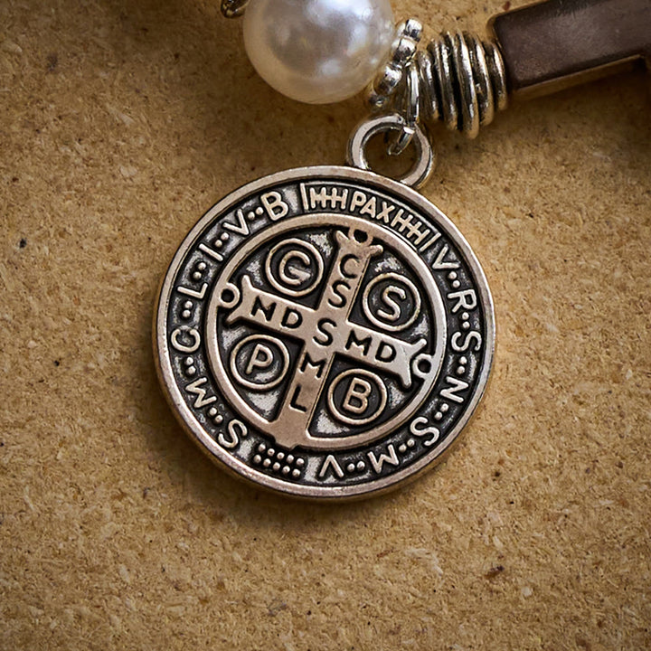 SolaceBeads Yellow Chalcedony Rosary Bracelet with St. Benedict Medal &amp; Cross Accents