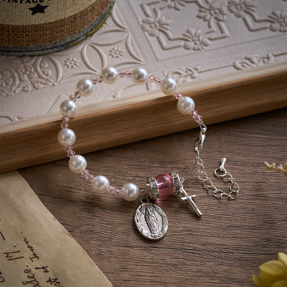 Solacebeads Lustrous Bead Bracelet With Miraculous Medal & Cross: Loom of Grace