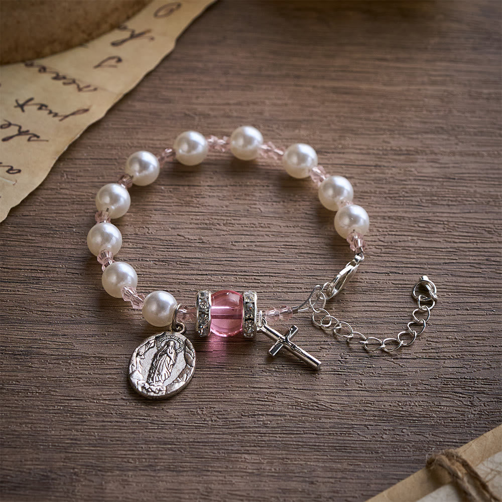 Solacebeads Lustrous Bead Bracelet With Miraculous Medal &amp; Cross: Loom of Grace