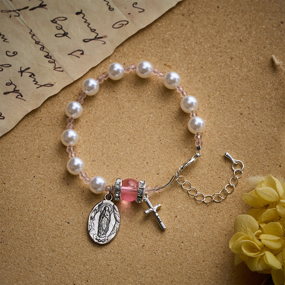 Solacebeads Lustrous Bead Bracelet With Miraculous Medal &amp; Cross: Loom of Grace